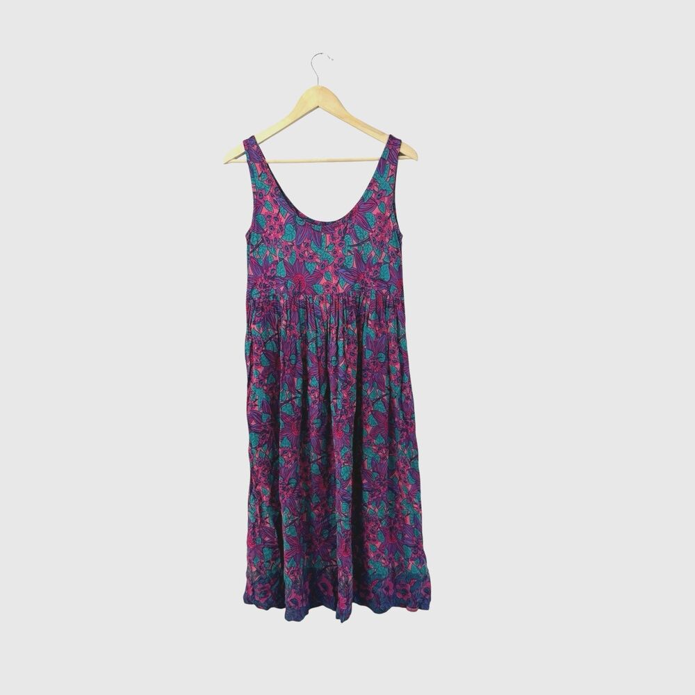 Vintage Rainbow Jo Maui Hawaii Small Midi Dress Rayon Sleeveless Tropical Womens
